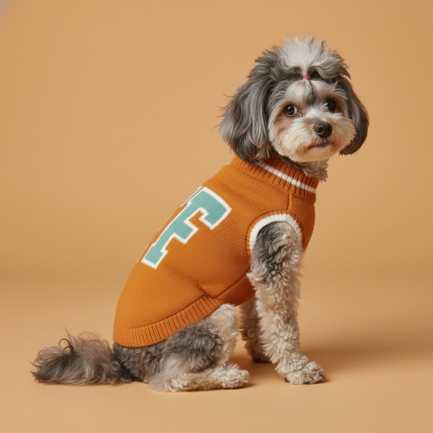 Small dog wearing an orange sweater with a large 'FF' on a beige background