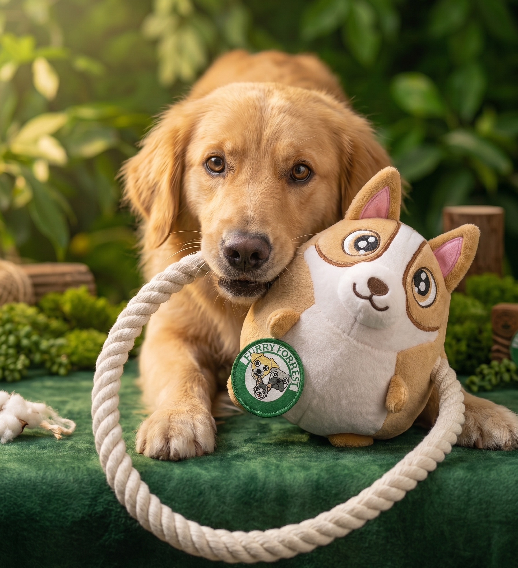 Action product photography featuring a Golden Retriever dog playfully holding the thick cotton rope loop of the Furry Forrest Corgi plush toy in its mouth, set against a brand-themed deep green textured background with blurred natural foliage.
