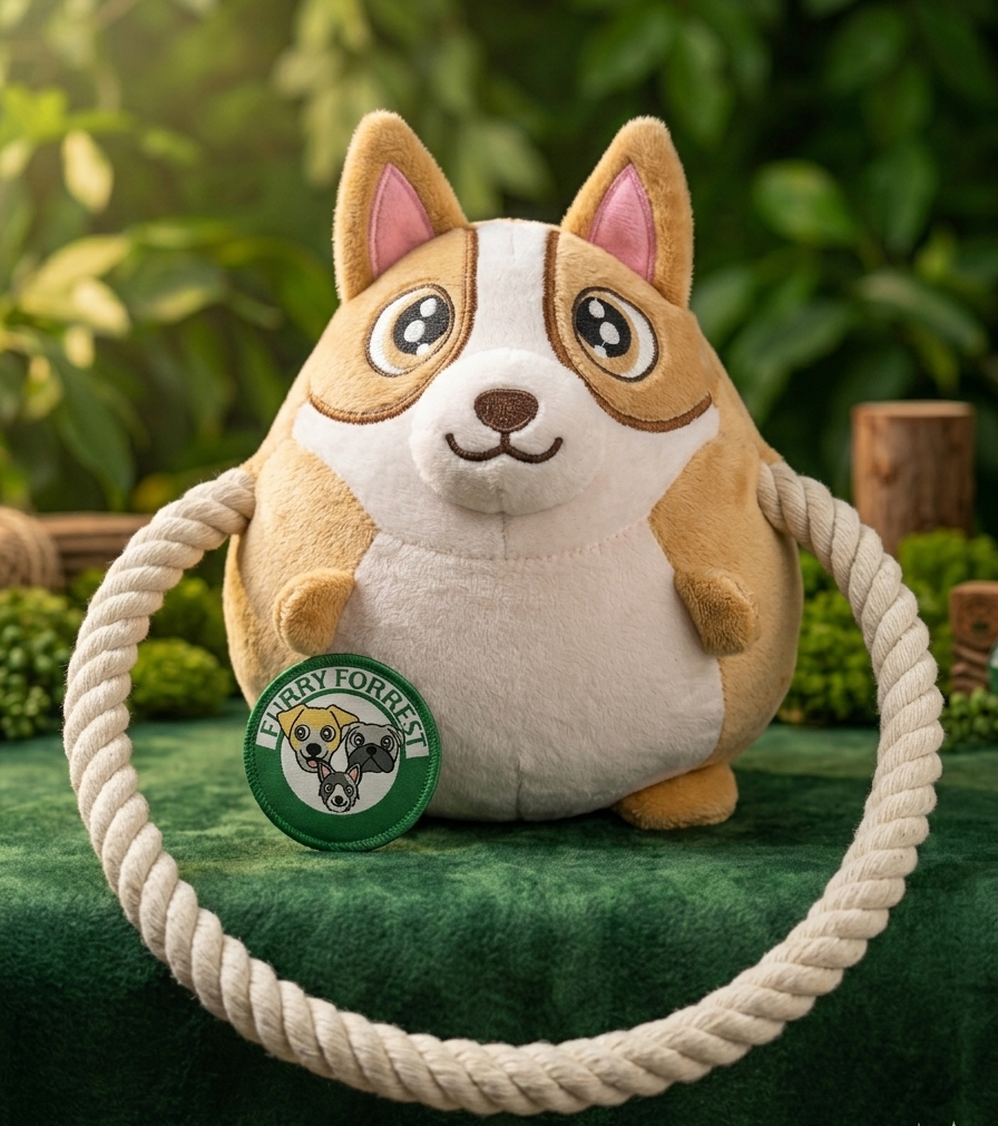 Front view of the Furry Forrest plush Corgi tug toy on a rich green fabric surface, highlighting its round tan and white body, large embroidered eyes, thick woven natural cotton rope handle, and the signature circular green Furry Forrest logo patch against a soft, sunlit forest background.