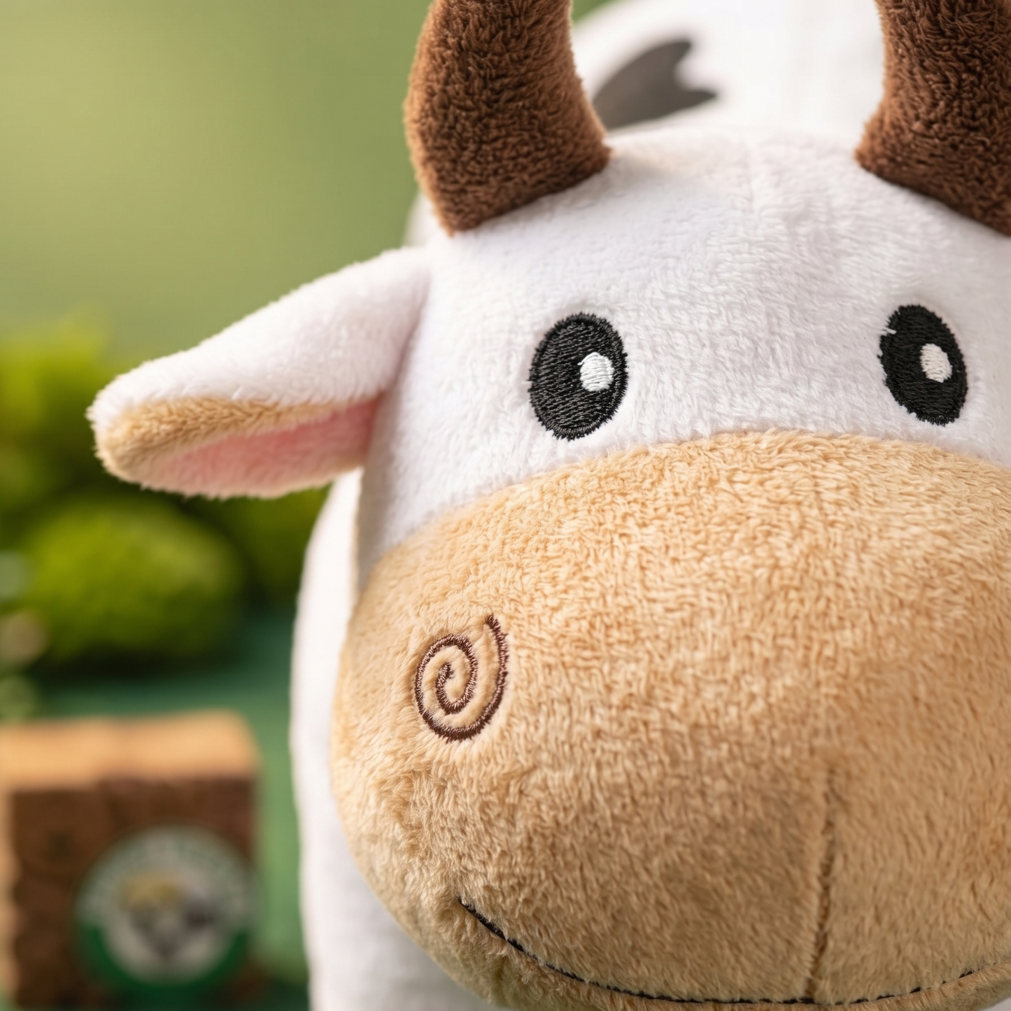 Handcrafted soft plush cow dog toy shown from a three-quarters front angle against a rich green brand-colored background, featuring prominent black heart-shaped spots, brown hooves, and rustic styling elements like twine and a cotton bud under warm, natural sunlight.