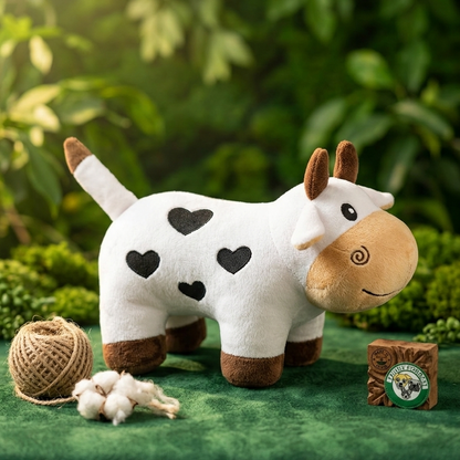 Handcrafted soft plush cow dog toy shown from a three-quarters front angle against a rich green brand-colored background, featuring prominent black heart-shaped spots, brown hooves, and rustic styling elements like twine and a cotton bud under warm, natural sunlight.
